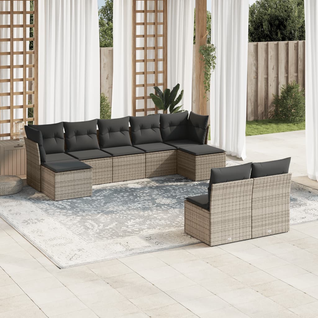 Vetonek Set de muebles de jardín 9 pzas y cojines ratán sintético gris