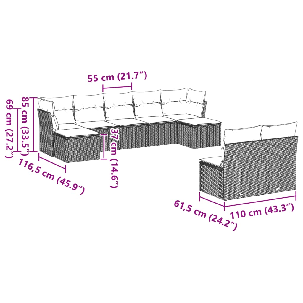 Set de muebles de jardín 9 pzas y cojines ratán sintético gris - Vetonek