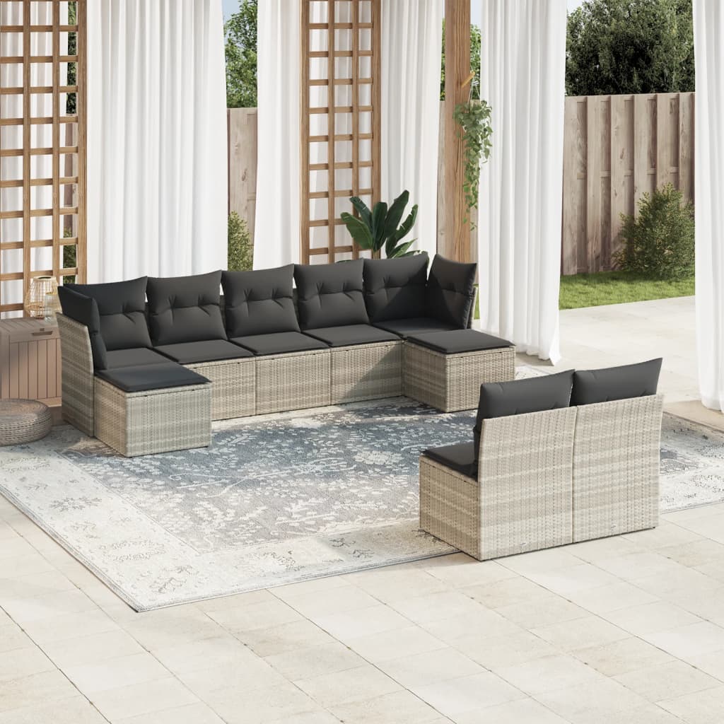 Vetonek Set de muebles de jardín 9 pzas y cojines ratán sintético gris