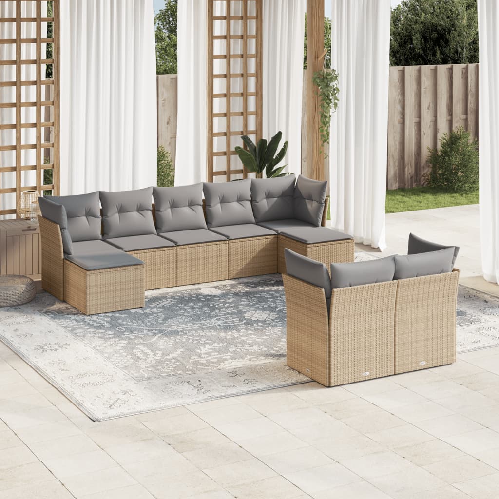 Vetonek Set de sofás de jardín 9 pzas con cojines ratán sintético beige