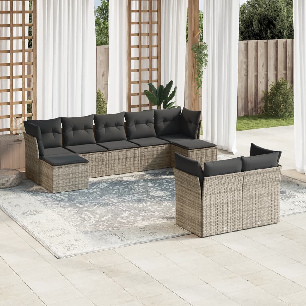 Vetonek Set de muebles de jardín 9 pzas y cojines ratán sintético gris