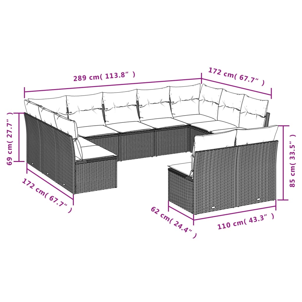 Set de sofás de jardín 11pzas con cojines ratán sintético beige