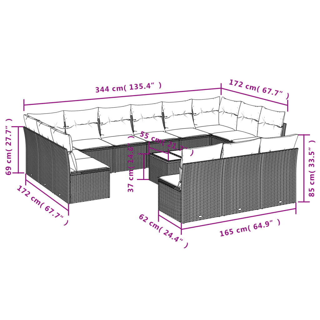 Set sofás de jardín 14 pzas con cojines ratán sintético negro - Vetonek