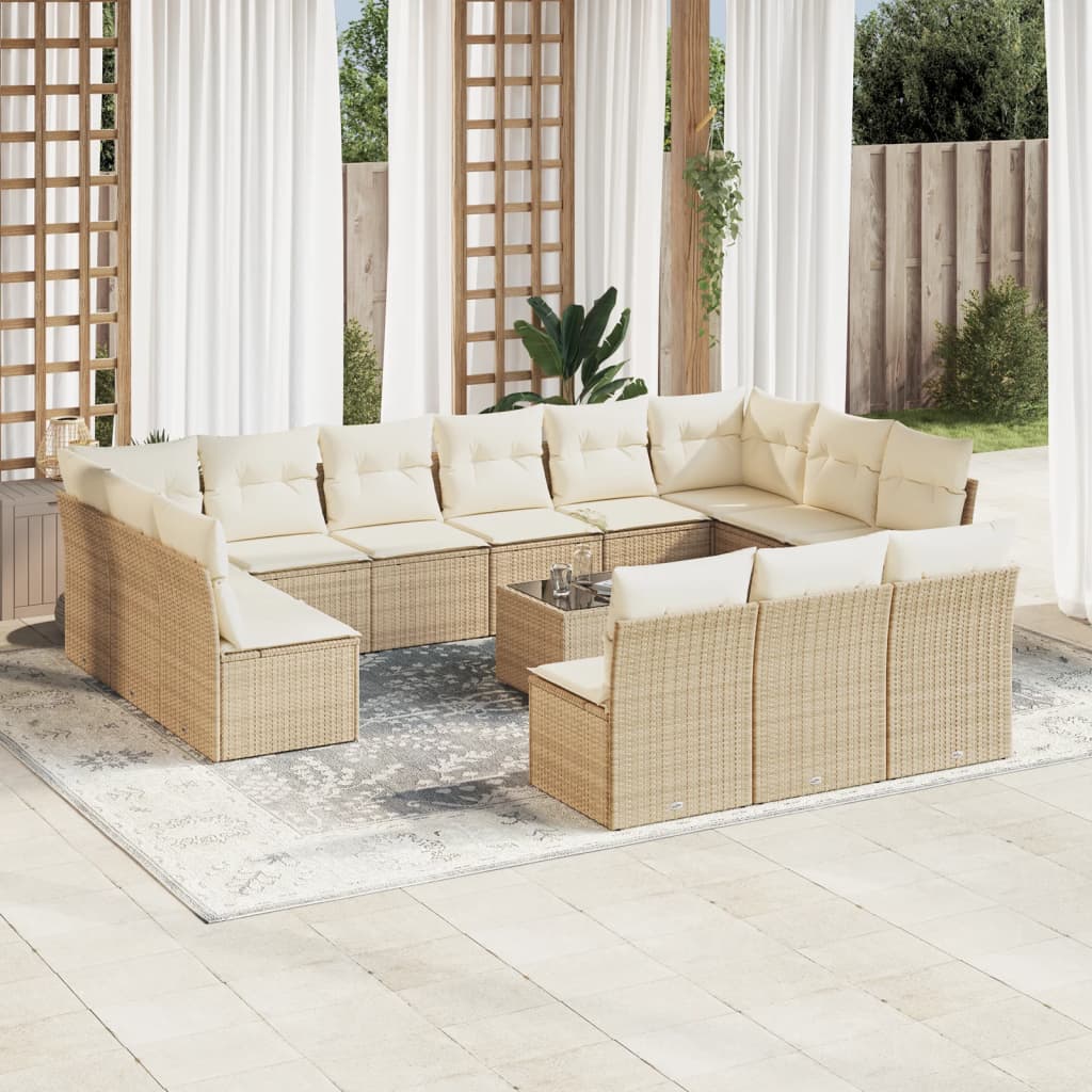 Vetonek Set sofás de jardín 14 pzas con cojines ratán sintético beige