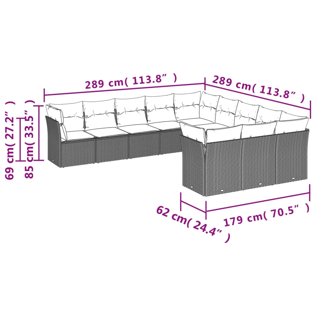 Set de sofás de jardín 11 pzas cojines ratán sintético marrón