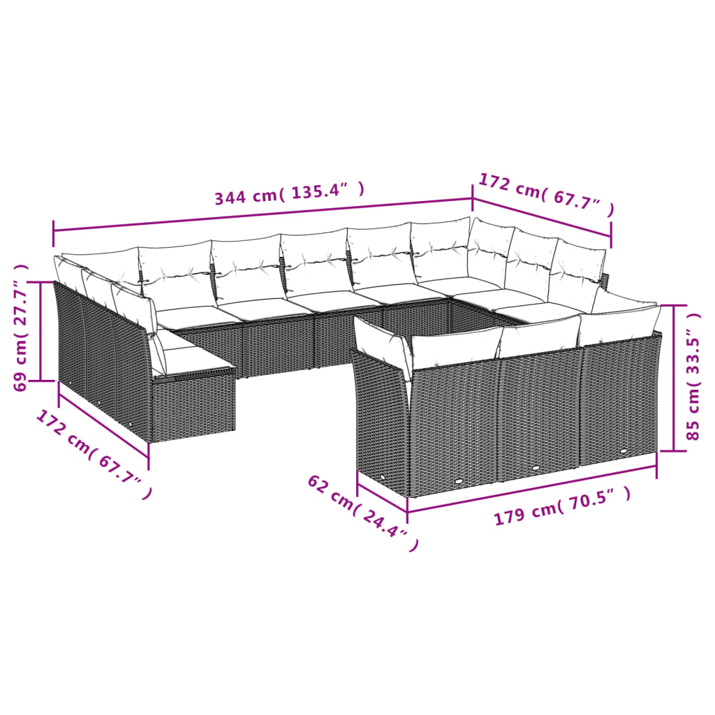 Garden sofas set with cushions 13 pieces ratán pe brown