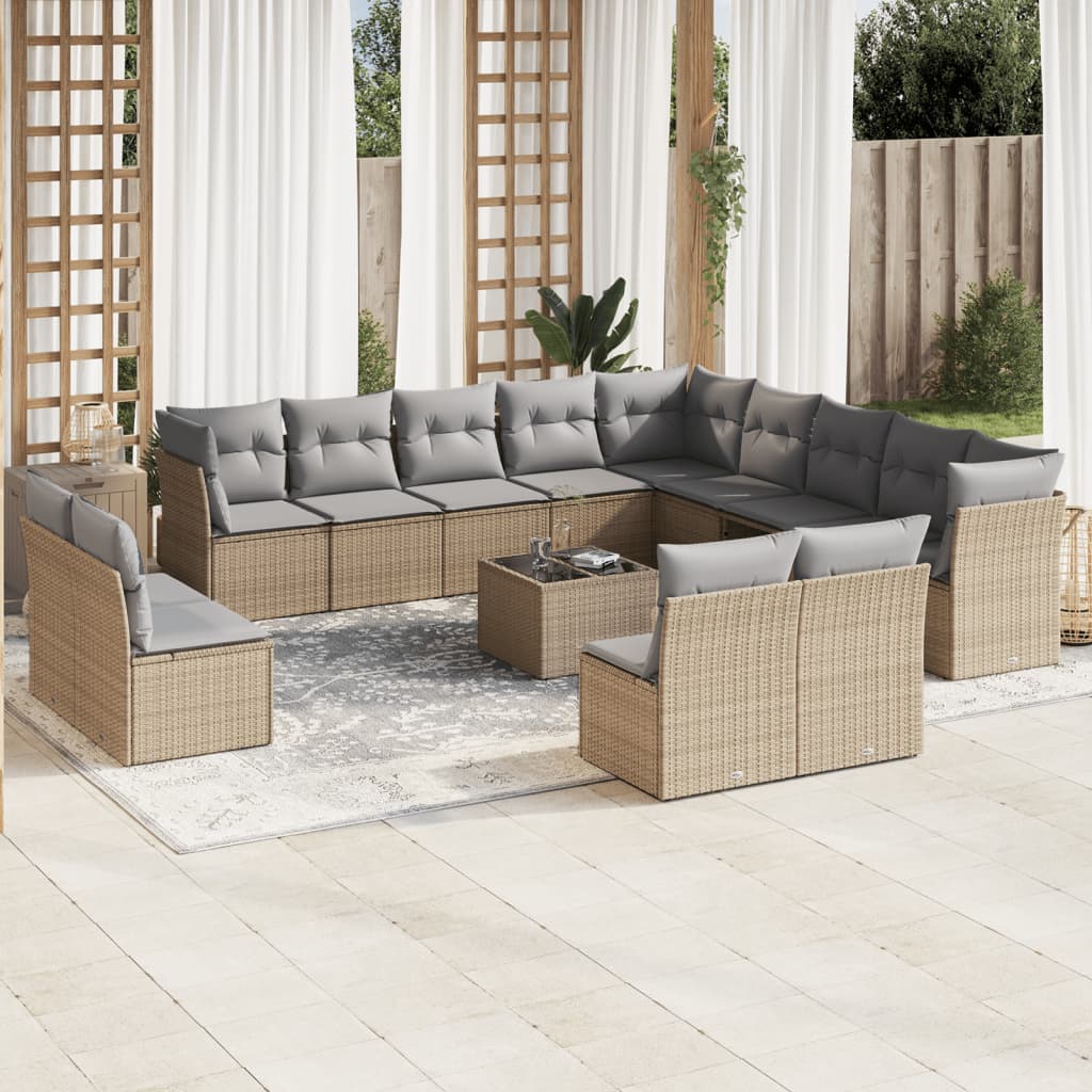 Vetonek Set sofás de jardín 14 pzas con cojines ratán sintético beige