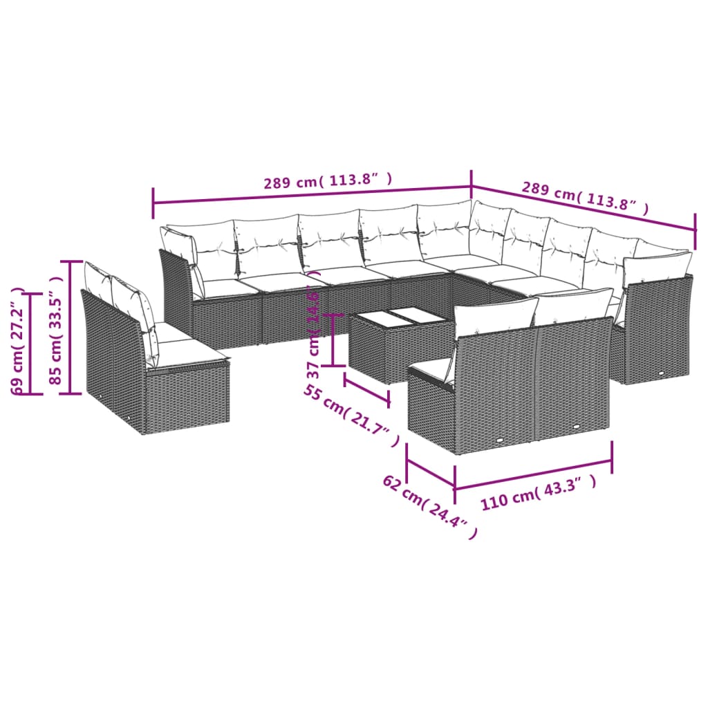 Garden Sofas-ek 14 pieza ezarri ditu kuxin sintetiko beigeekin