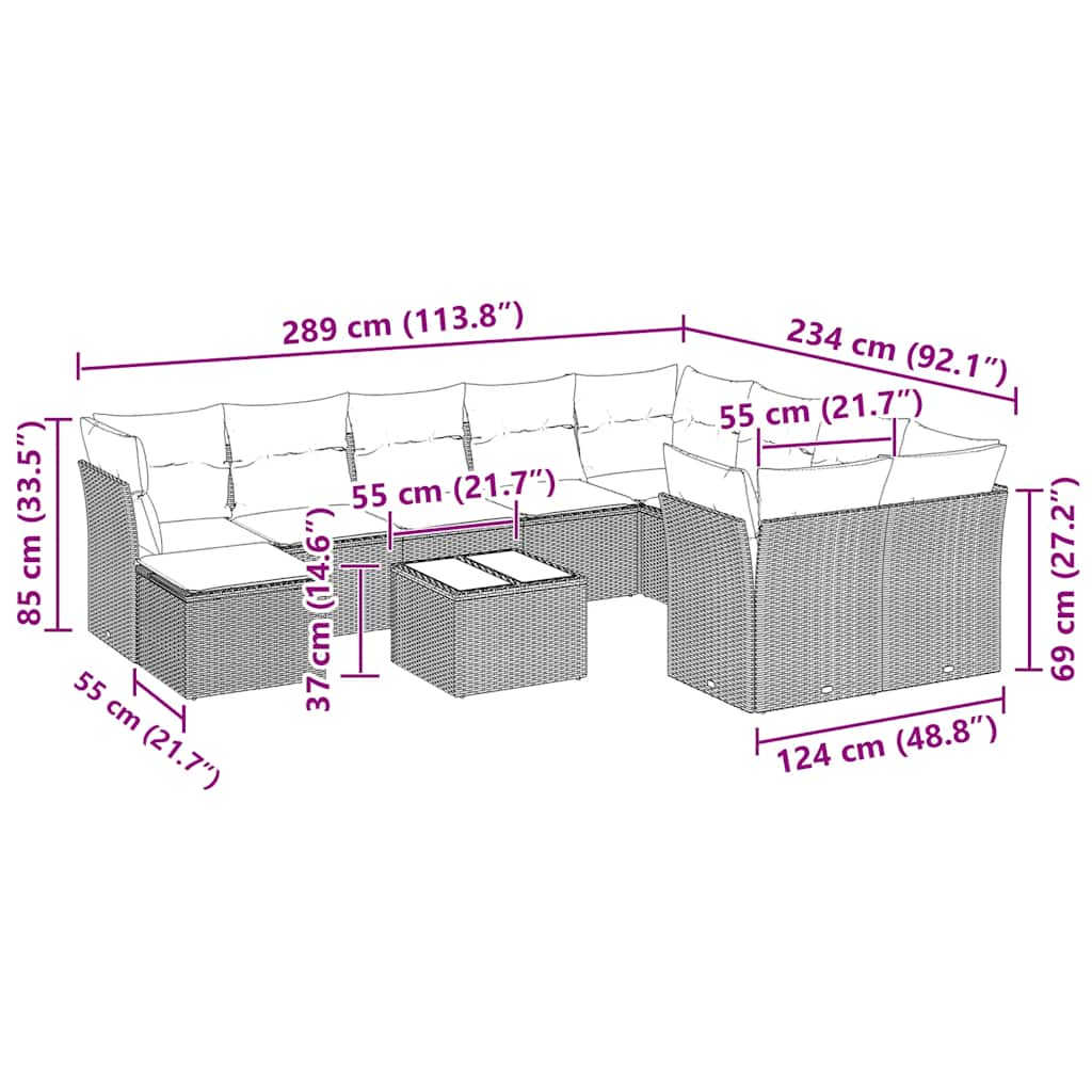 Sofás de jardim Conjunto de 11 PCs e Almofadas Cinzentas de Rattan Sintética