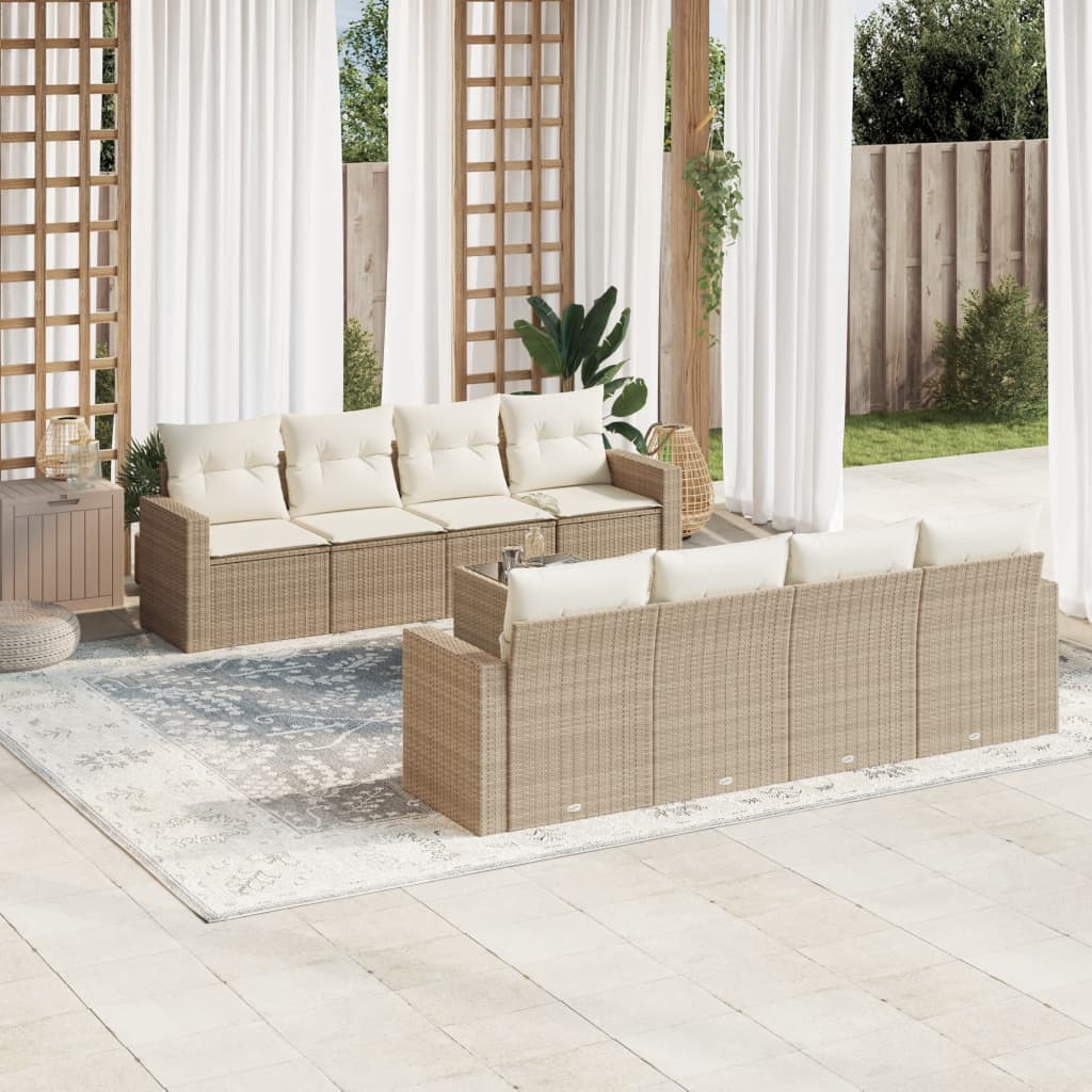 Vetonek Set de sofás de jardín 9 pzas con cojines ratán sintético beige