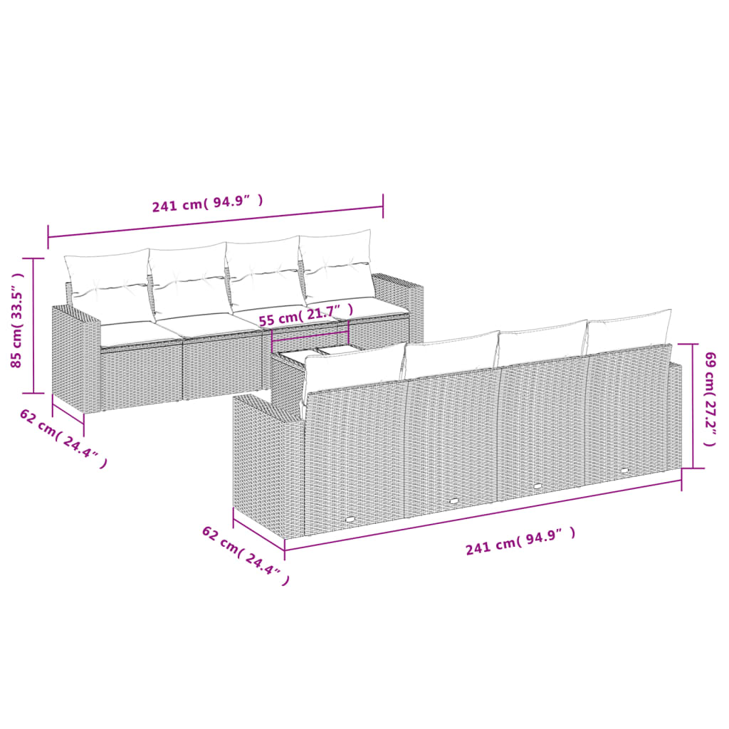 Sofás de jardim Conjunto de 9 PCs com almofadas sintéticas bege