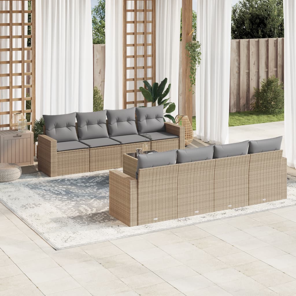 Vetonek Set de sofás de jardín 9 pzas con cojines ratán sintético beige