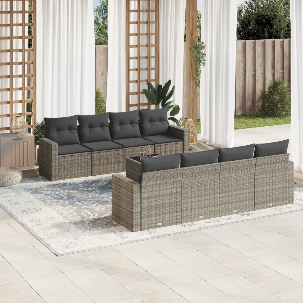 Vetonek Set de muebles de jardín 9 pzas y cojines ratán sintético gris