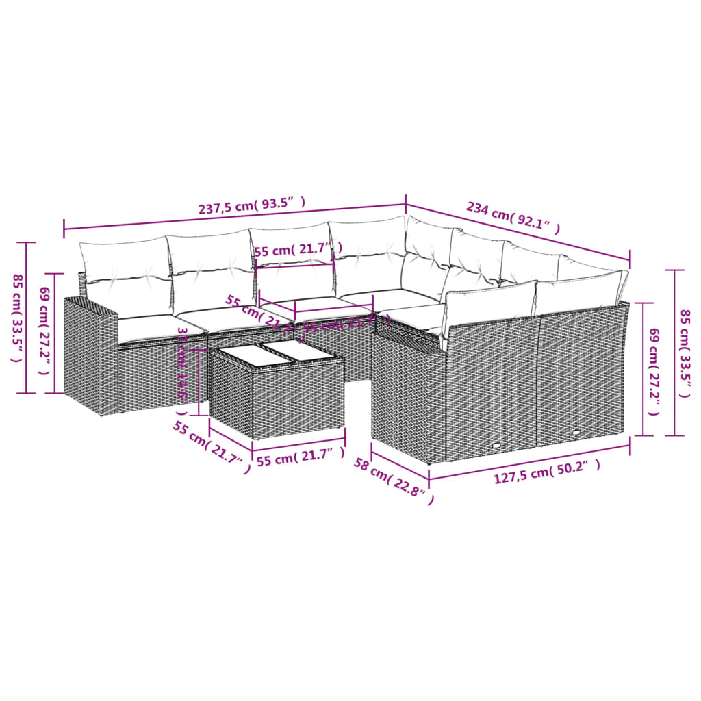 Gartensofas Set 9 PCs mit beige synthetischen Kissen