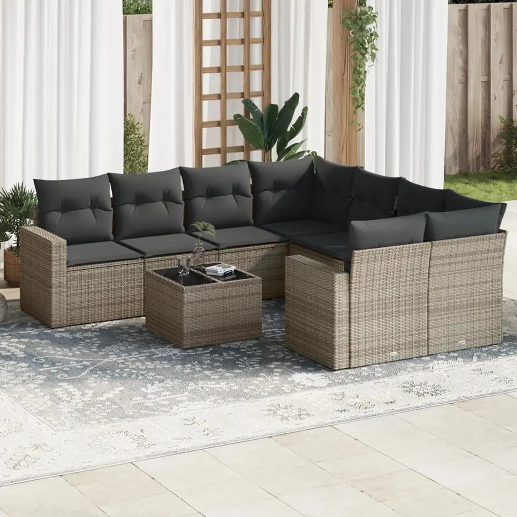 Vetonek Set de muebles de jardín 9 pzas y cojines ratán sintético gris