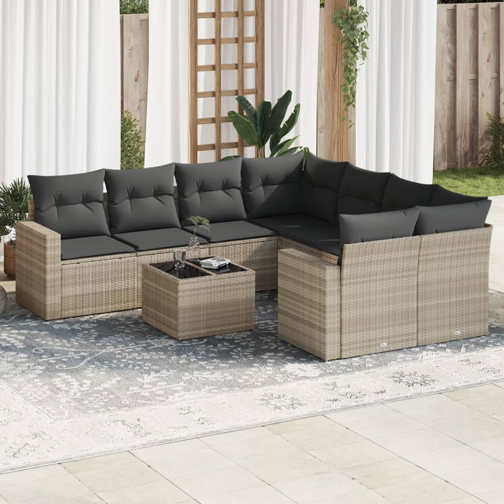 Vetonek Set muebles jardín 9 pzas y cojines ratán sintético gris claro