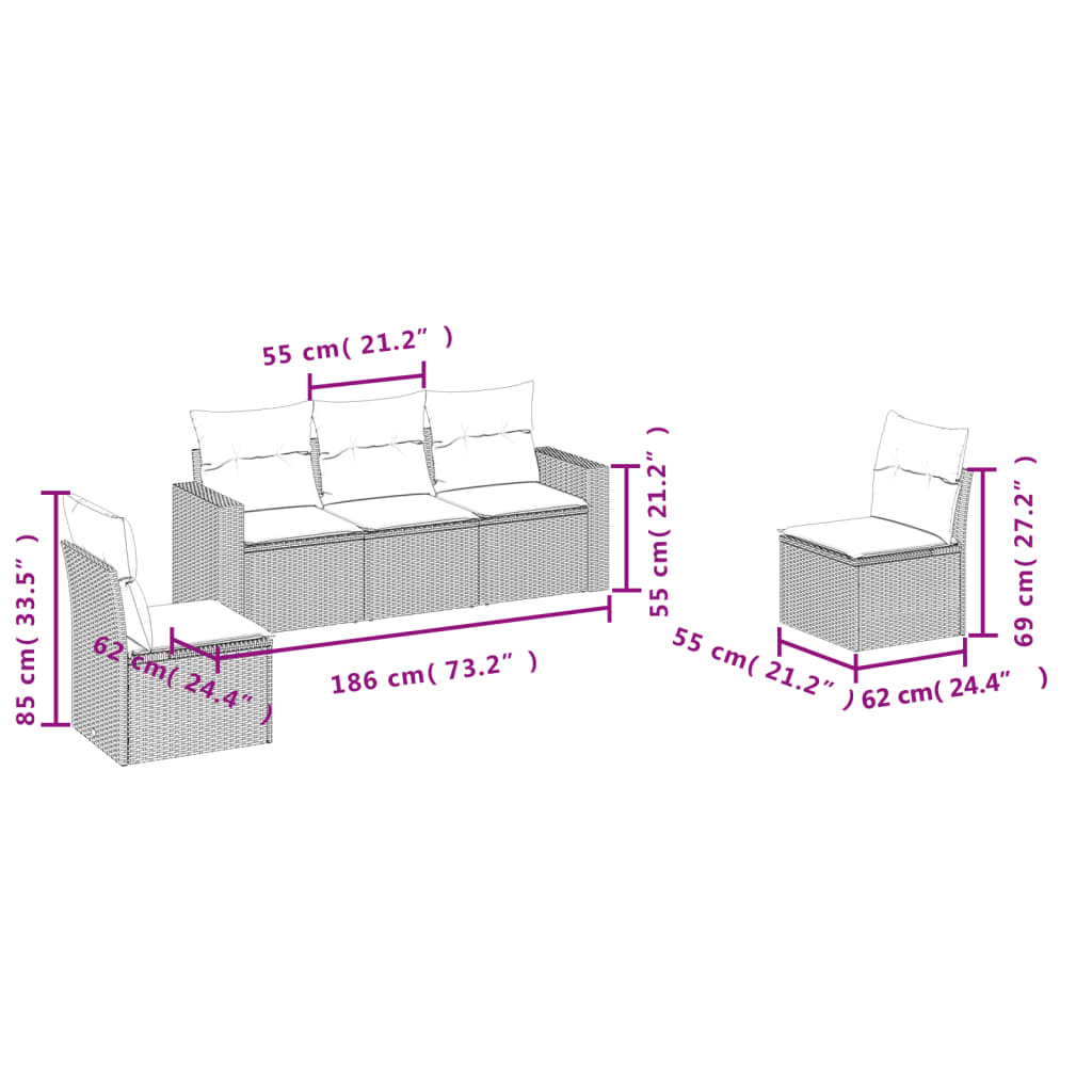 Conjunto de móveis de jardim 5 PCs e almofadas sintéticas pretas