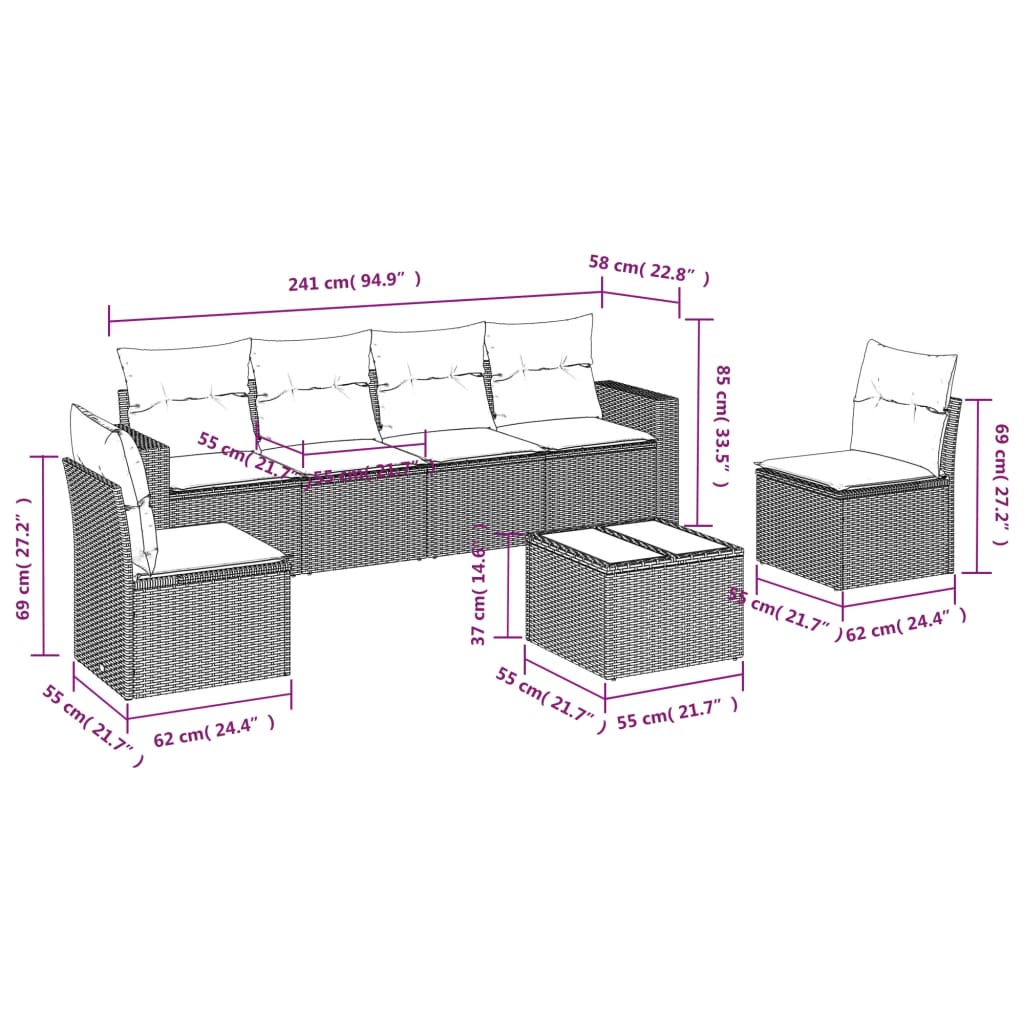 Set de comedor de jardín 7 pzas y cojines ratán sintético negro