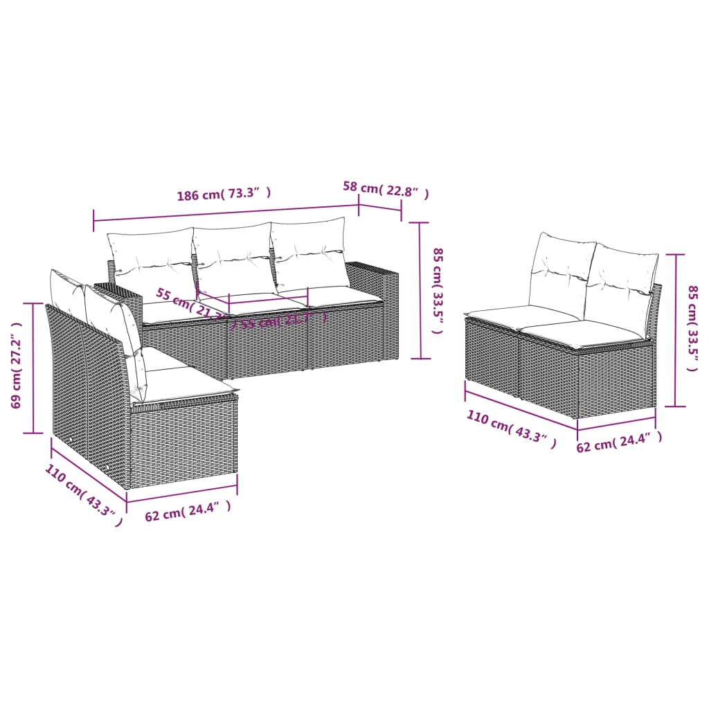 Garden Sofas Set 7 pieces with gray rattan cushions