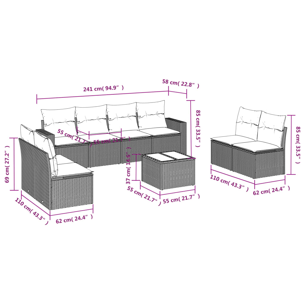 Set muebles jardín 9 pzas y cojines ratán sintético gris claro - Vetonek