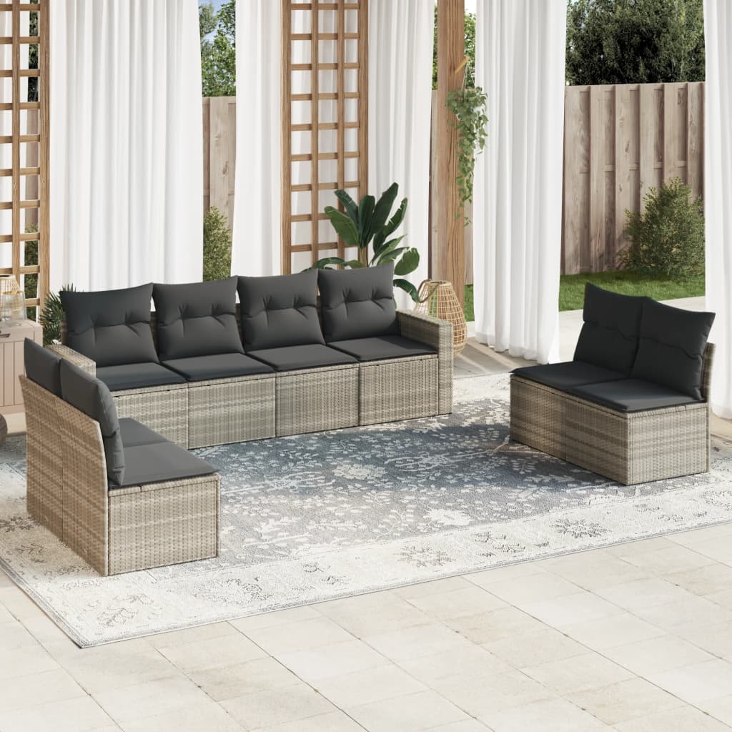 Vetonek Set muebles jardín 9 pzas y cojines ratán sintético gris claro