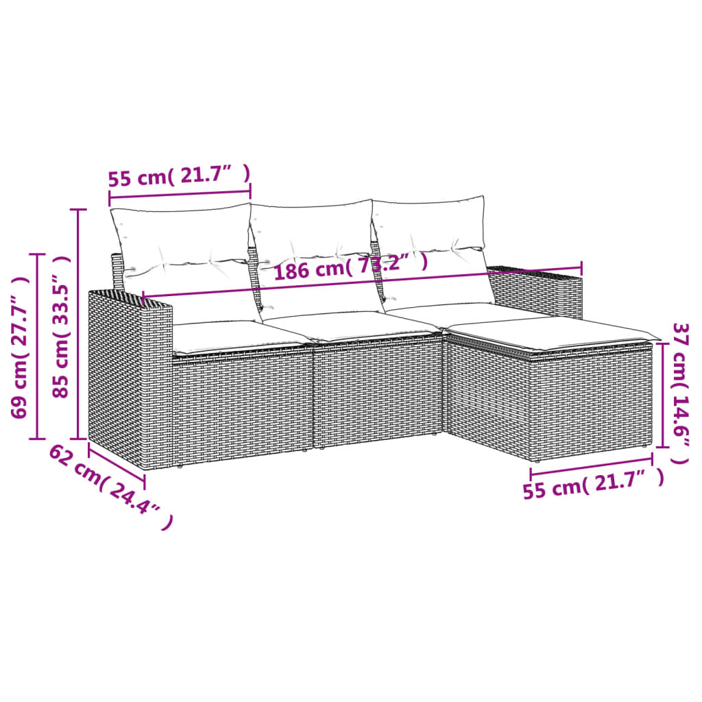 Set de sofás de jardín 4 pzas y cojines ratán sintético marrón - Vetonek