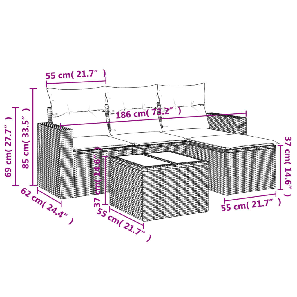 Set comedor de jardín 5 piezas y cojines ratán sintético marrón