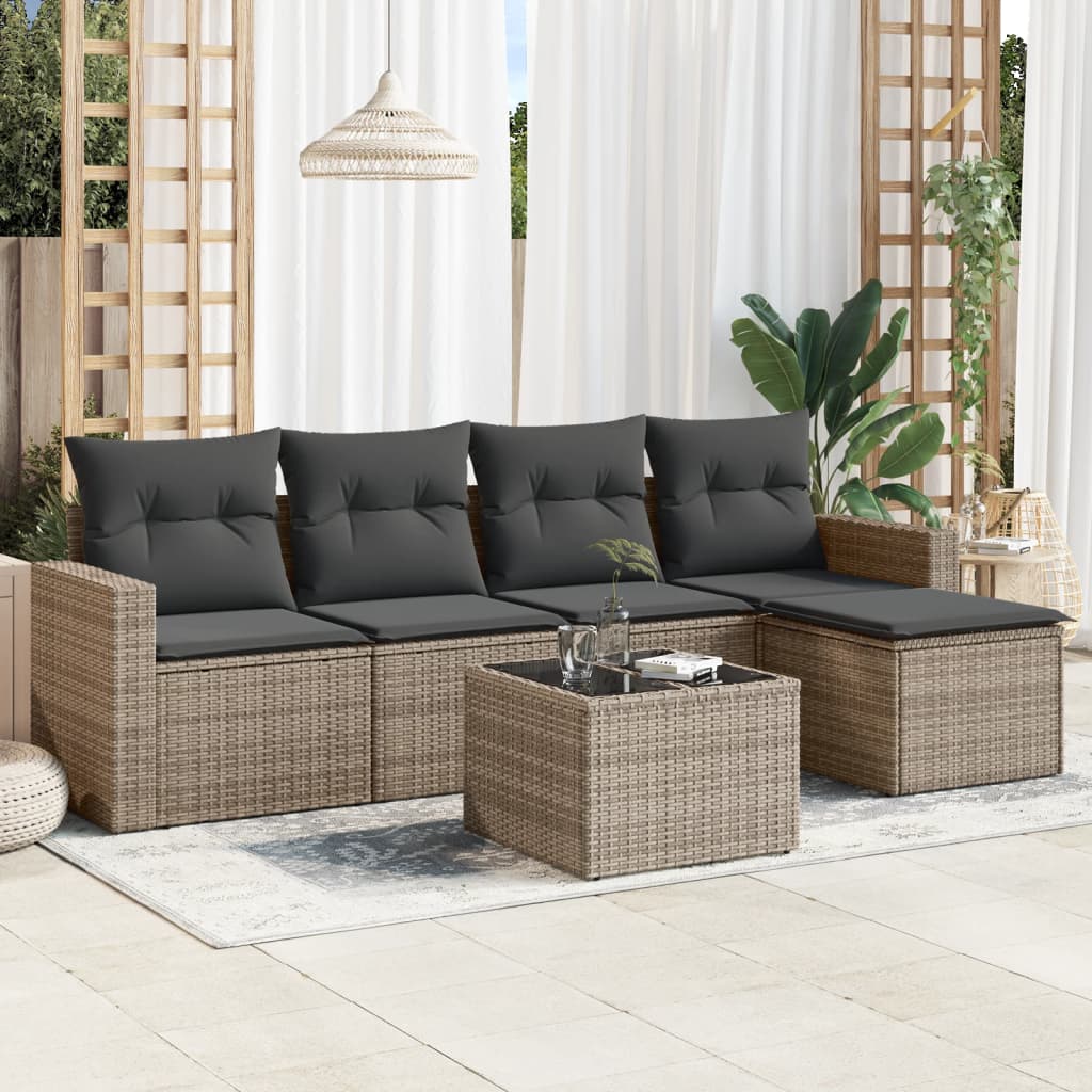 Vetonek Set de muebles de jardín 6 pzas y cojines ratán sintético gris