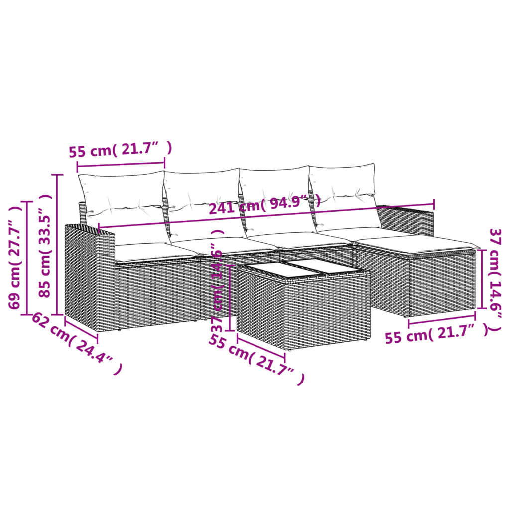 Gartensofas 6 Stücke und braune synthetische Rattankissen