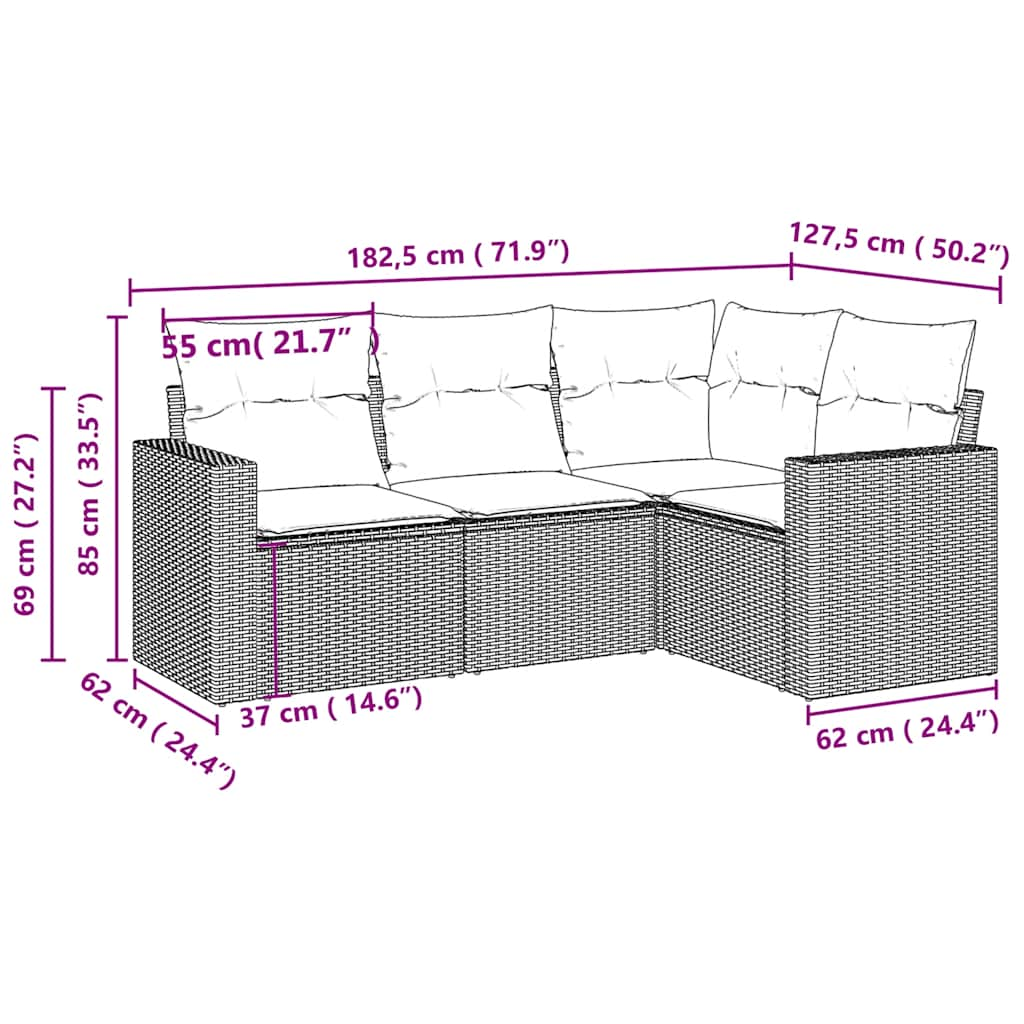 Set de sofás de jardín 4 pzas y cojines ratán sintético gris - Vetonek