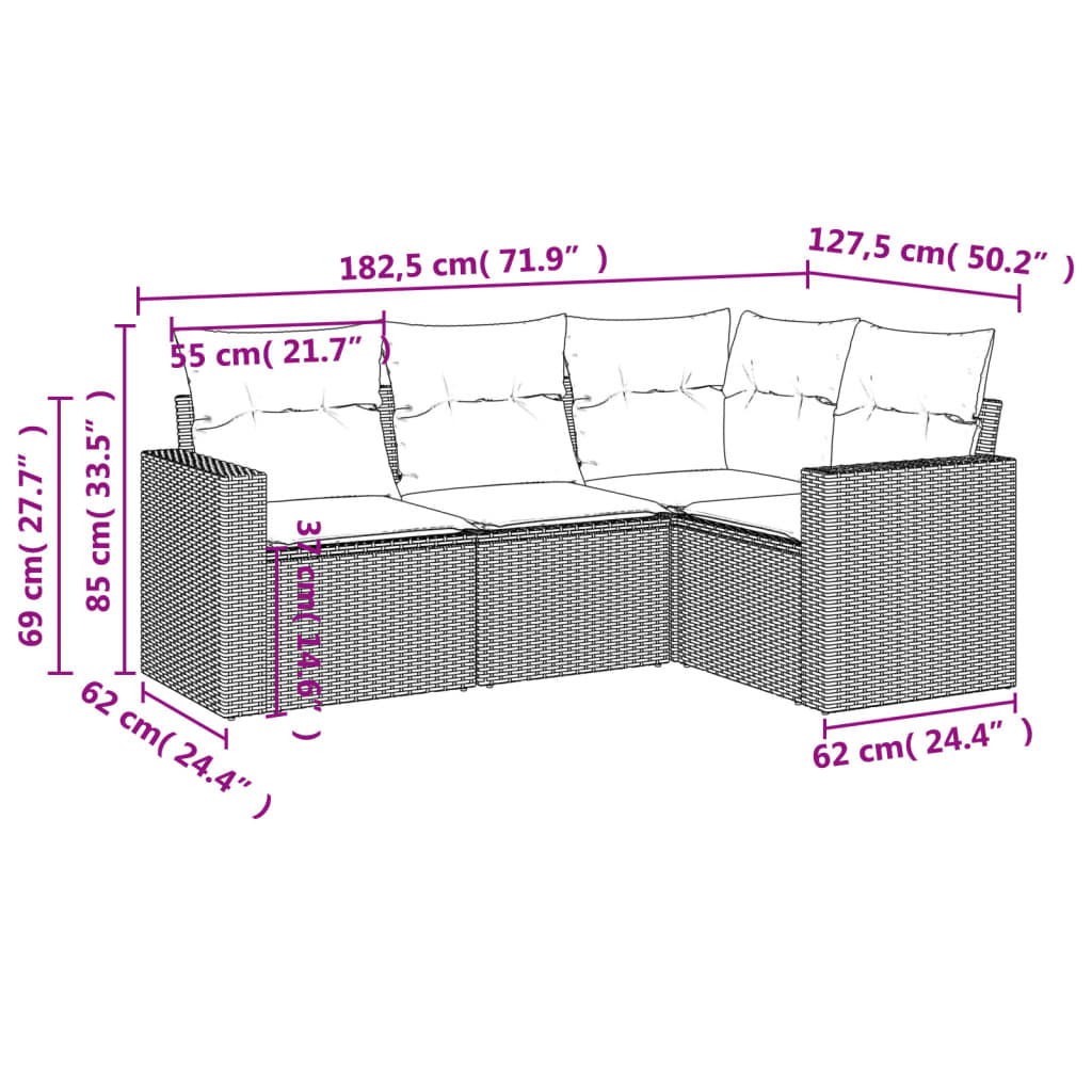 Set de sofás de jardín 4 pzas y cojines ratán sintético marrón - Vetonek