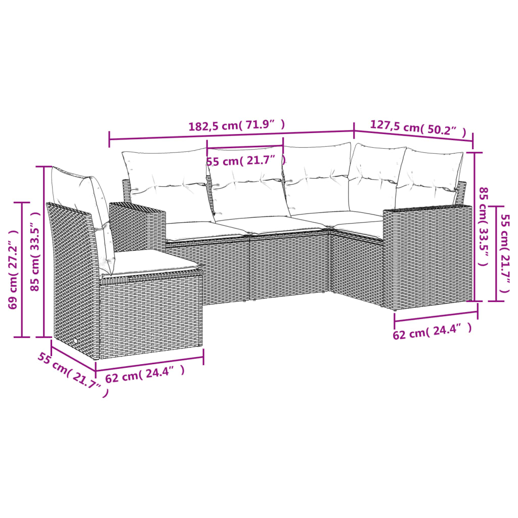 Conjunto de móveis de jardim 5 PCs e almofadas sintéticas pretas