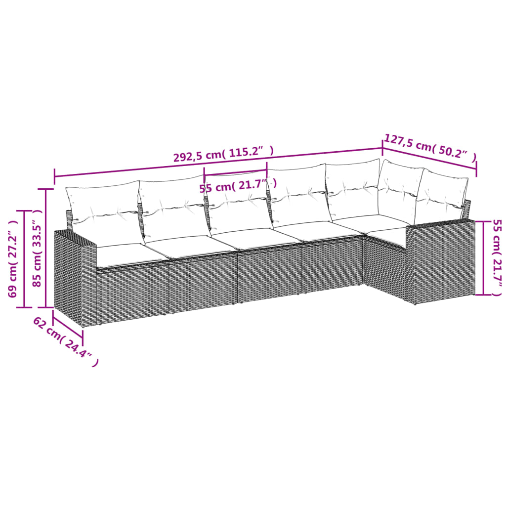 Garden furniture set 6 pcs and gray synthetic rattan cushions