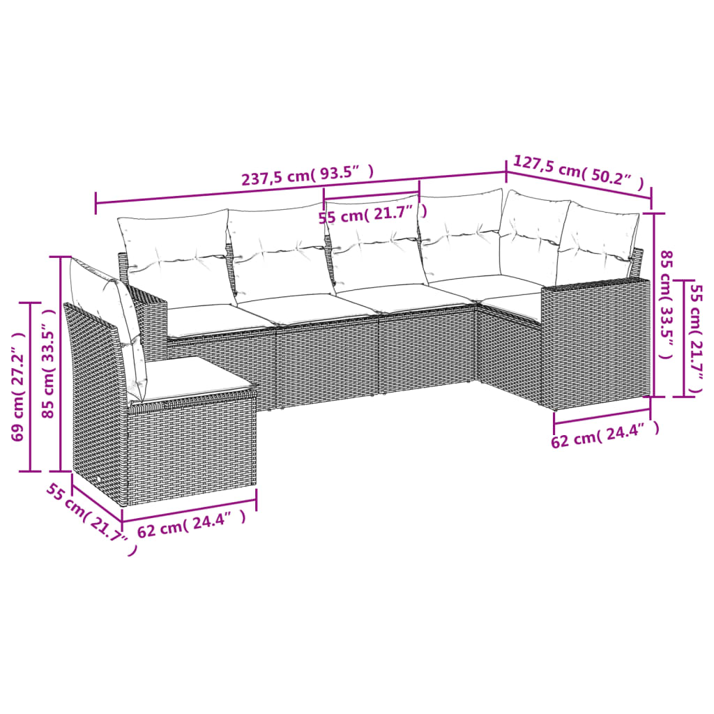 Set Garden Meubles 6 pièces et coussins de rotin synthétique noirs