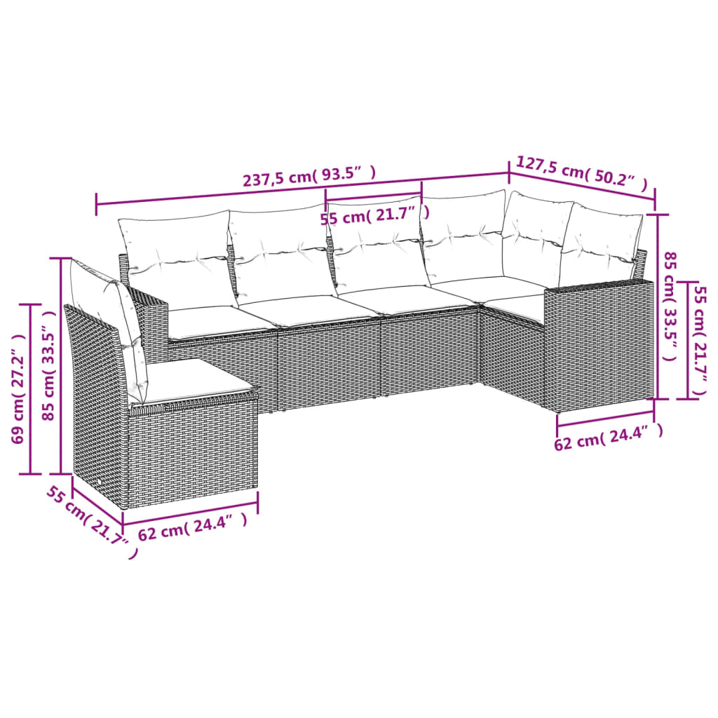 Set de sofás de jardín 6 pzas y cojines ratán sintético gris - Vetonek