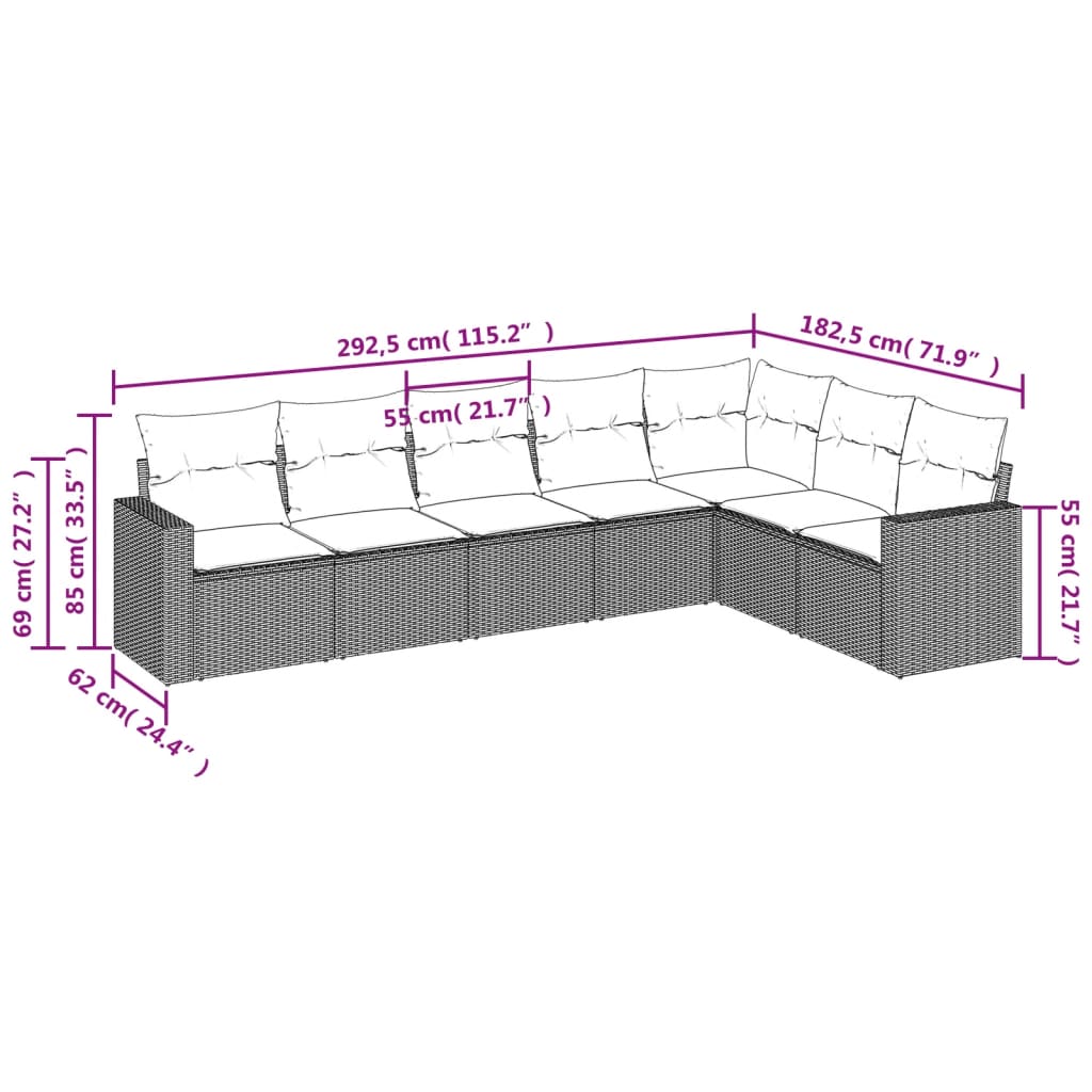 Set de comedor de jardín 7 pzas y cojines ratán sintético negro - Vetonek