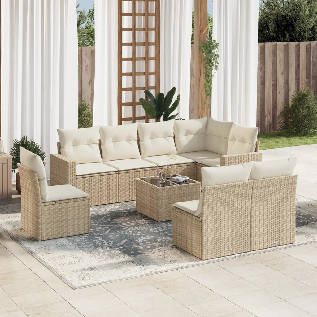 Vetonek Set de sofás de jardín 9 pzas con cojines ratán sintético beige