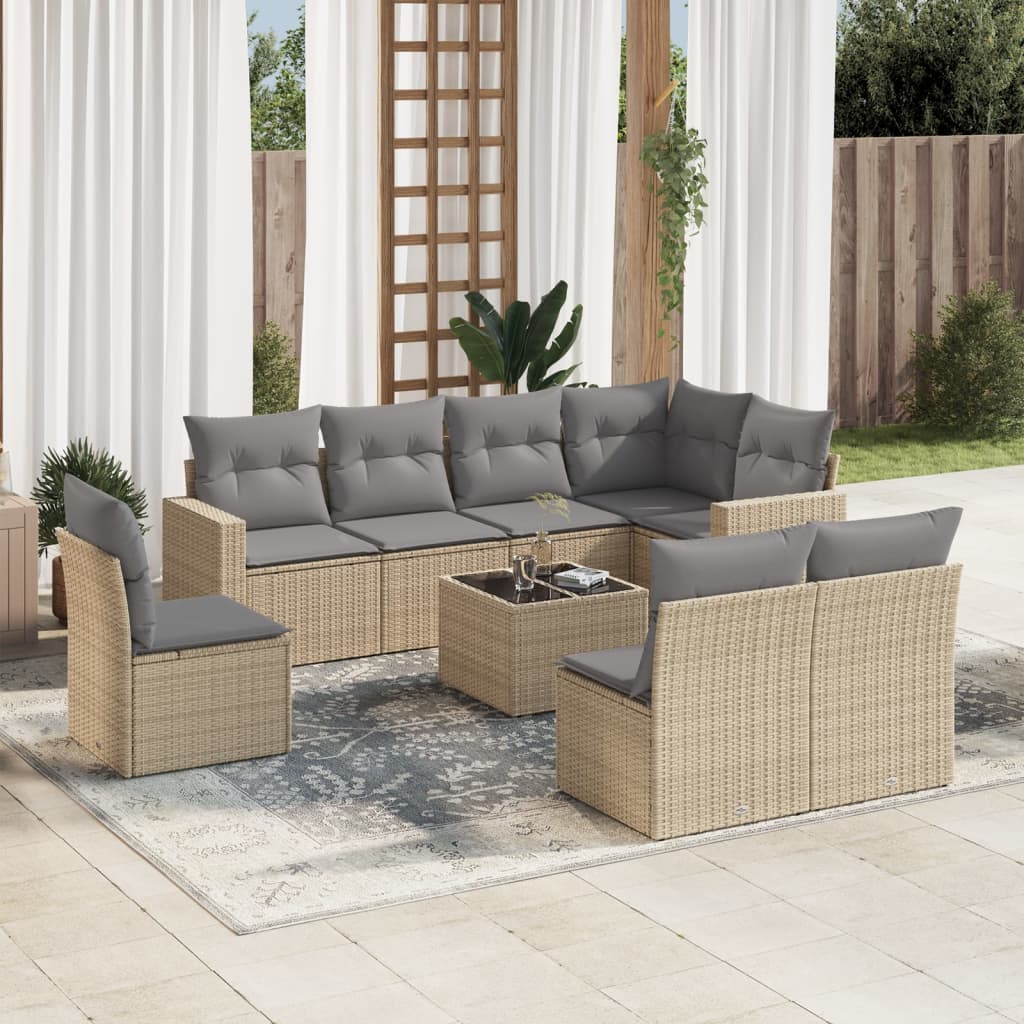 Vetonek Set de sofás de jardín 9 pzas con cojines ratán sintético beige