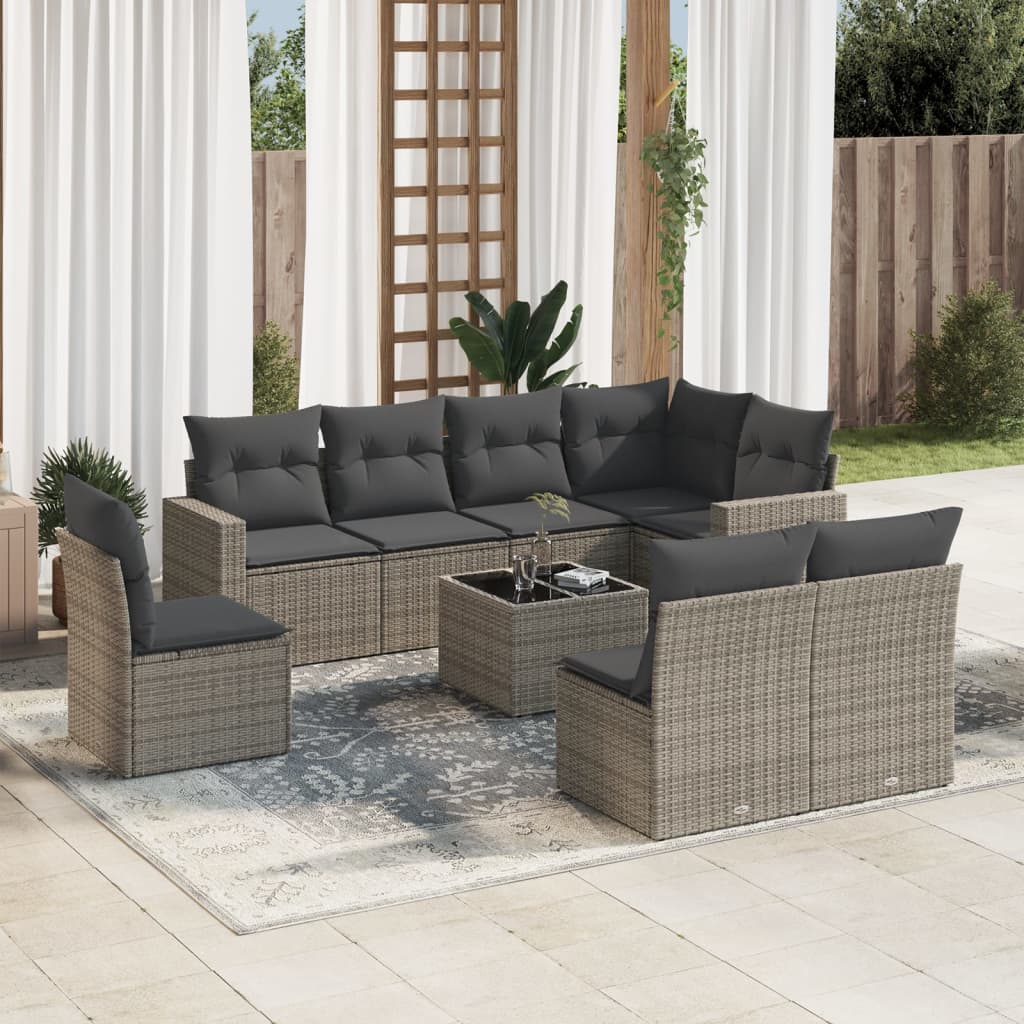 Vetonek Set de muebles de jardín 9 pzas y cojines ratán sintético gris