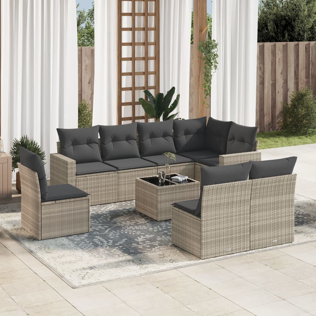 Vetonek Set muebles jardín 9 pzas y cojines ratán sintético gris claro