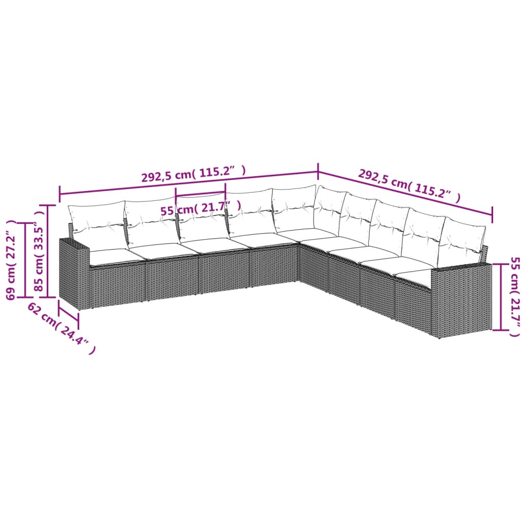 Set de sofás de jardín 8 piezas y cojines ratán sintético negro - Vetonek