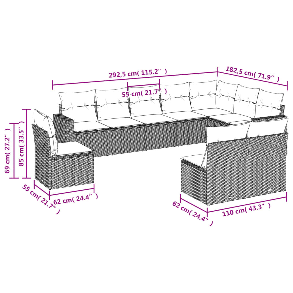 Conjunto de sofás de jardim 10 pcs almofadas de preto sintético