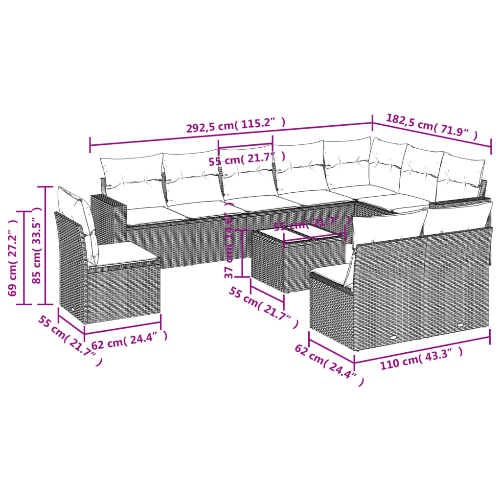 Set de sofás de jardín 11 pzas y cojines ratán sintético negro - Vetonek