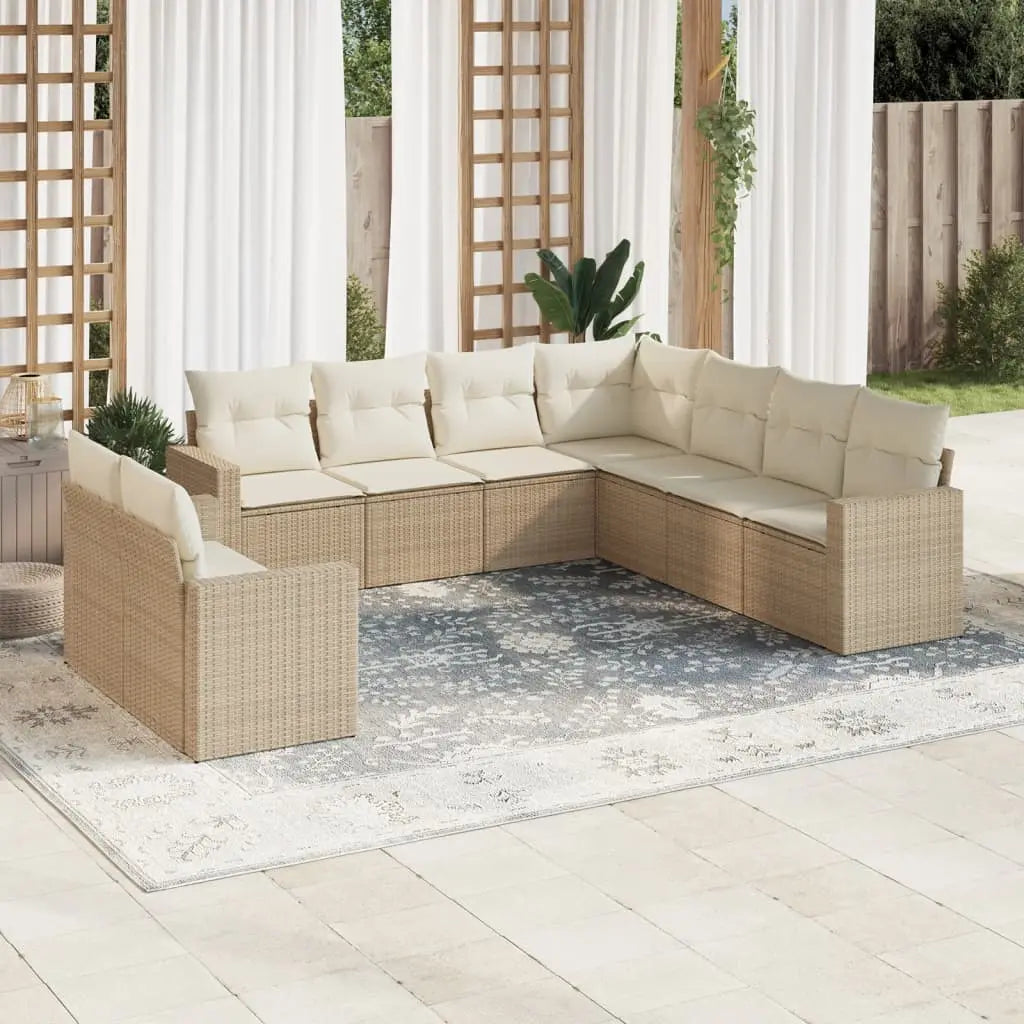 Vetonek Set de sofás de jardín 9 pzas con cojines ratán sintético beige