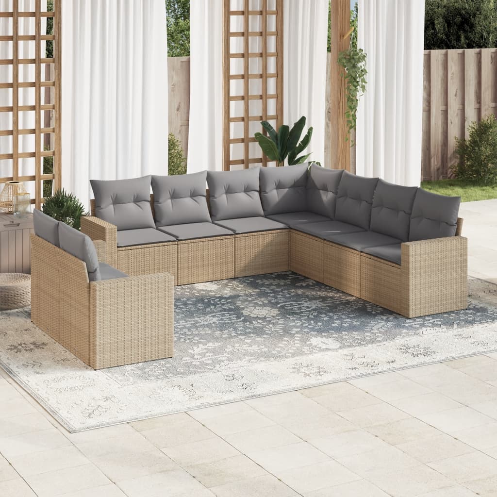 Vetonek Set de sofás de jardín 9 pzas con cojines ratán sintético beige