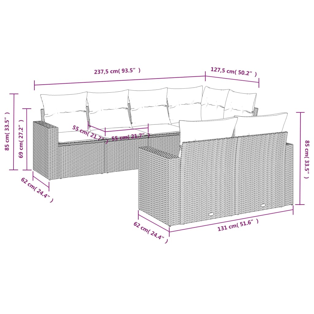 Sofás de jardim Conjunto 7 PCs com almofadas ratán pe cinza claro