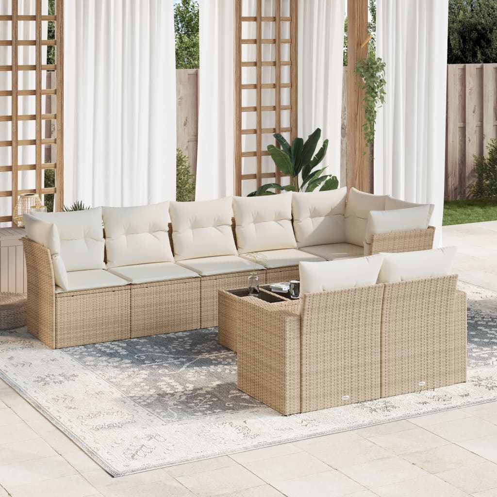 Vetonek Set de sofás de jardín 9 pzas con cojines ratán sintético beige