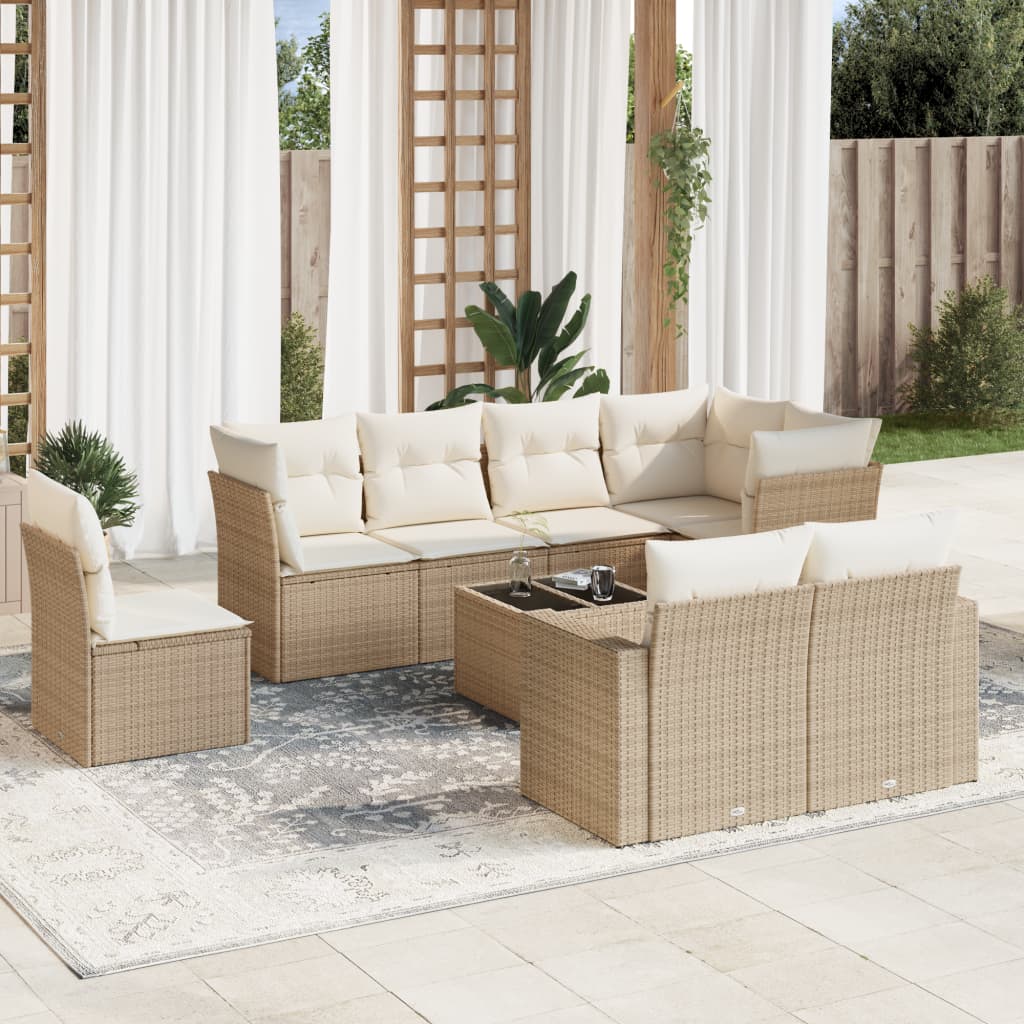 Vetonek Set de sofás de jardín 9 pzas con cojines ratán sintético beige