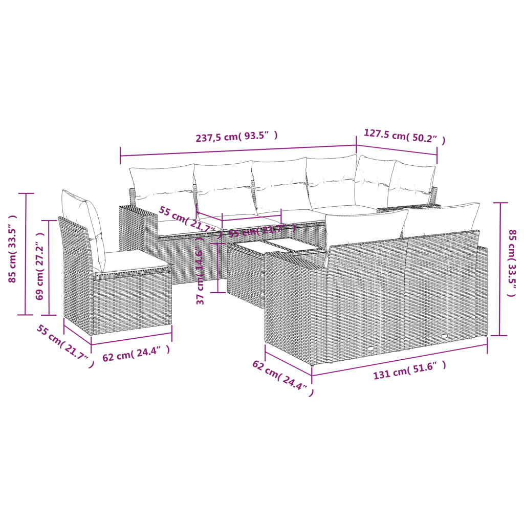 Set muebles jardín 9 pzas y cojines ratán sintético gris claro - Vetonek