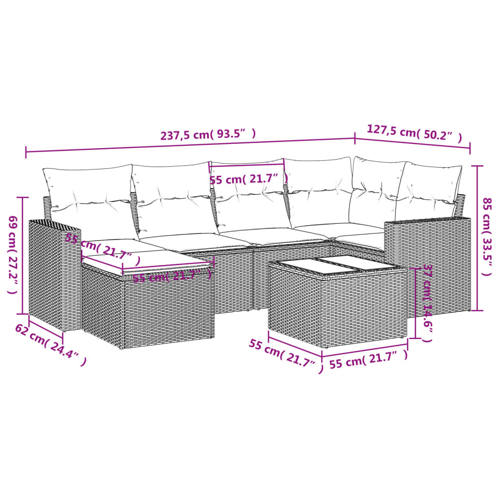 Garden dining set 7 pcs and black synthetic rattan cushions